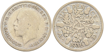 Великобритания 6 пенсов 1936 Георг V (1910-1936) KM 832, Spink 4041 серебро 192-221