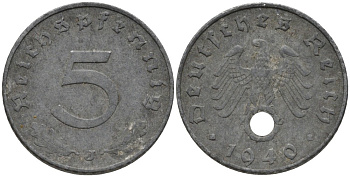 Германия 5 рейхспфеннигов 1940 J, монетный двор Гамбург  KM 100, J. 370 цинк 186-716