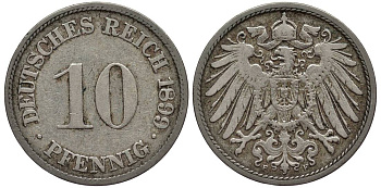 Германия 10 пфеннигов 1899 F KM 12, Jager 13, Weege 8 медно-никель 219-323