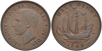 Великобритания 1/2 пенни 1949 Георг VI (1936-1952) KM 868, Spink 4118 бронза 4592-335