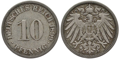 Германия 10 пфеннигов 1899 F KM 12, Jager 13, Weege 8 медно-никель 219-323