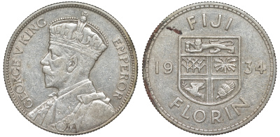 Фиджи 1 флорин 1934 Георг V (1910-1936), герб Фиджи KM 5 серебро 91-1241