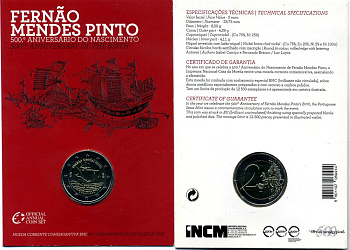 Португалия 2 евро 2011 500 лет со дня рождения Фернана Мендеса Пинто, запайка, картонный буклет KM 804 биметалл BUNC 3-4-8-44