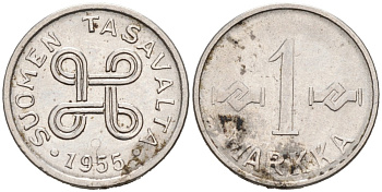 ФИНЛЯНДИЯ 1 МАРКА 1955 KM 38а железо плакированное никелем 192-1212