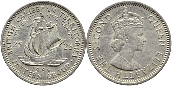 Британские Восточно-Карибские территории 25 центов 1964 Елизавета II (1952-2022), парусник KM 6 медно-никель 83-1253