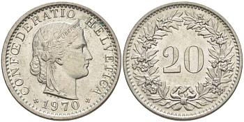 Швейцария 20 раппенов 1970 KM 29a медно-никель 55-932