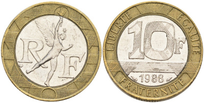 Франция 10 франков 1988 тип гений Бастилии KM 964.1, Le Franc 375.2 биметалл 4577-925