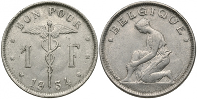 БЕЛЬГИЯ 1 ФРАНК 1934 BELGIQUE KM 89 никель 51-2127