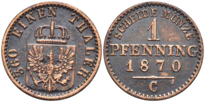 ПРУССИЯ 1 ПФЕННИГ 1870 С, ВИЛЬГЕЛЬМ I (1861-1888) KM 480 медь 201-558
