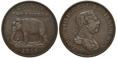 Цейлон 2 стивера 1815 слон, Георг III, без розы KM 82.1 медь 1528-913