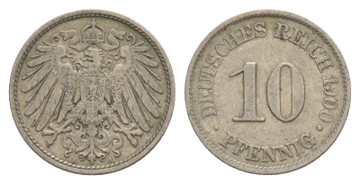 Германия 10 пфеннигов 1900 A, Вильгельм II (1888-1918) KM 12, J. 13 медно-никель 4640-244