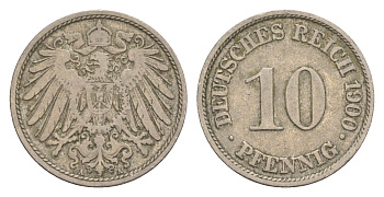 Германия 10 пфеннигов 1900 A, Вильгельм II (1888-1918) KM 12, J. 13 медно-никель 4647-912