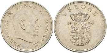 ДАНИЯ 1 КРОНА 1964 C; S, ФРЕДЕРИК IX (1947-1972) KM 851.1 медно-никель 95-147