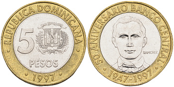 Доминиканская республика 5 песо 1997 50 лет центральному банку KM 88 биметалл    4595-712