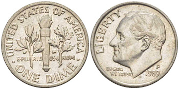 США 10 ЦЕНТОВ = 1 ДАЙМ 1989 Р, РУЗВЕЛЬТ KM 195а медь плакированная медно-никелем 211-1143