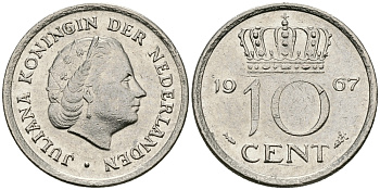 НИДЕРЛАНДЫ 10 ЦЕНТОВ 1967 ЮЛИАНА KM 182 никель 96-467