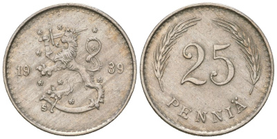 Финляндия 25 пенни 1939 S KM 25 медно-никель 4174-961