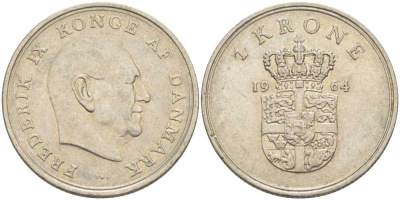 ДАНИЯ 1 КРОНА 1964 C; S, ФРЕДЕРИК IX (1947-1972) KM 851.1 медно-никель 95-147