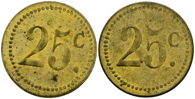 Франция 25†сантимов XIX-XX век ресторанный жетон латунь 4166-1055