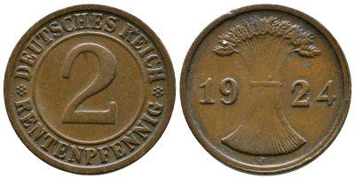 ГЕРМАНИЯ 2 РЕНТЕНПФЕННИГА 1924 F KM 31, J.307 бронза 86-1351