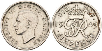Великобритания 6 пенсов 1949 Георг VI (1936-1952) KM 875, Spink 4110 медно-никель 4585-228