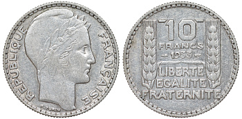 Франция 10 франков 1933 Пьер Тюрен KM 878, Le Franc 360.6 серебро 4178-936