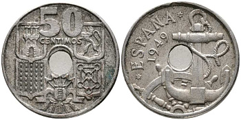 Испания 50 сентимо 1949 (56) Франко (1939-1975), морская атрибутика KM 777 медно-никель 110-937