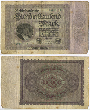 ГЕРМАНИЯ 100000 МАРОК 1923 1 ФЕВРАЛЯ 1923, БЕЗ Т ПОД ПОРТРЕТОМ Pick 83a бумага 7205-14-2