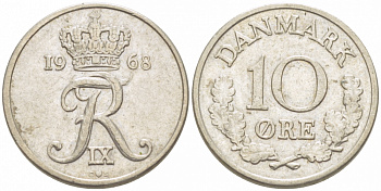 ДАНИЯ 10 ЭРЕ 1968 ФРИДЕРИК IX КМ 849.1 медно-никель 3309-154