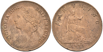 Великобритания 1 фартинг 1879 Виктория (1837-1901) KM 753, Spink 3958 бронза 63-323