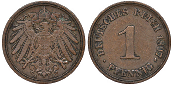 Германия 1 пфенниг 1897 A KM 10, J. 10, Weege 2 медь 45-415