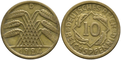 Германия 10 рейхспфеннигов 1924 D KM 40 алюминиевая бронза 4171-324