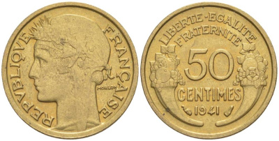 ФРАНЦИЯ 50 САНТИМОВ 1941 ТИП MORLON KM 894.1, LE FRANC 192.18 алюминиевая бронза 44-519