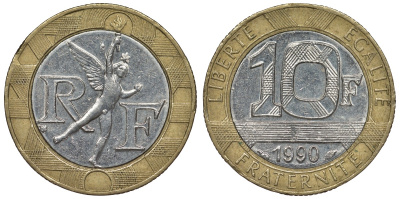 Франция 10 франков 1990 тип Гений Бастилии KM 964.1, Le Frank 375.5 биметалл 4128-517