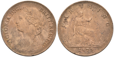 Великобритания 1 фартинг 1879 Виктория (1837-1901) KM 753, Spink 3958 бронза 63-323