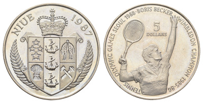 Ниуэ 5 долларов 1987 XXIV летние Олимпийские Игры, Сеул 1988 - Теннис, Борис Беккер, с сертификатом KM 1 медно-никель BU 11-167-25