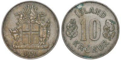 Исландия 10 крон 1970 KM 15 медно-никель 4607-123