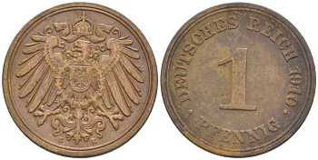 ГЕРМАНИЯ 1 ПФЕННИГ 1910 E KM 10, J. 10, Weege 2 медь 211-432