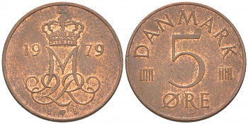 ДАНИЯ 5 ЭРЕ 1979 B; B, МАРГРЕТЕ II (1972-) KM 859.2 железо плакированное медью 3309-127