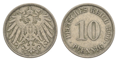 Германия 10 пфеннигов 1900 A, Вильгельм II (1888-1918) KM 12, J. 13 медно-никель 4644-1152