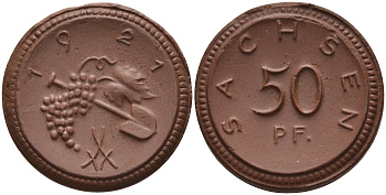 Саксония 50 пфеннигов 1921 виноград и лопата J. N 54 фарфор 1094-5-82