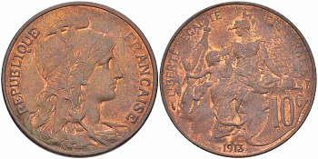 ФРАНЦИЯ 10 САНТИМОВ 1913 ТИП ДАНИЭЛЬ ДЮПЮИ KM 843, LA FRANC 136.23 бронза 109-334
