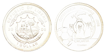 Либерия 1 доллар 2008 Чемпионат Европы по футболу 2008 года. Сборная Хорватии, тираж 1.000 экземпляров, вес 1,2 гр серебро PROOF 1521-432