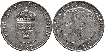 Швеция 1 крона 1980 Карл XVI Густав (1973- ) KM 852 медь плакированная медно-никелем 4397-936