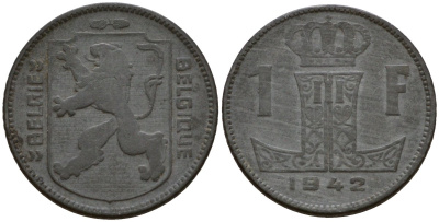 Бельгия 1 франк 1943 Belgie - Belgique KM 128 цинк 65-934