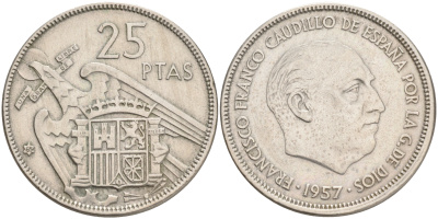 ИСПАНИЯ 25 ПЕСЕТ 1957 (65) ФРАНСИСКО ФРАНКО ДИКТАТОР ИСПАНИИ (1939-1975) KM 787 медно-никель 4561-822