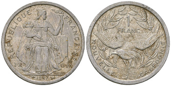 Французская Новая Каледония 1 франк 1997 птица кагу, (IEOM) KM 10, Schoen 10, Lec 52b алюминий 41-722