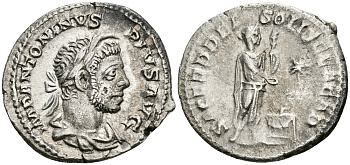 Римская Империя денарий 218 - 222 Элагабал SACERD DEI SOLIS ELAGAB император, совершающий жертвоприношение Рим Good Very fine RIC 131 серебро 1073-4-107