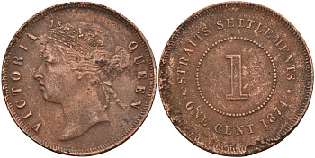 Стрейтс-Сетлментс 1 цент 1874 Виктория (1837-1901), Ост-Индская компания KM 9 медь 4590-336