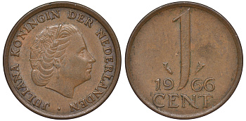 НИДЕРЛАНДЫ 1 ЦЕНТ 1966 ЮЛИАНА KM 180 бронза 45-432